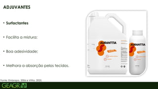 16
ADJUVANTES
• Surfactantes
• Facilita a mistura;
• Boa adesividade;
• Melhora a absorção pelos tecidos.
Fonte: Embrapa, 2006 e Vittia, 2025.
 