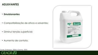 18
• Emulsionantes
• Compatibilização de ativos e solventes;
• Diminui tensão superficial;
• Aumento de contato.
Fonte: Embrapa, 2006 e Zaamp, 2025.
ADJUVANTES
 