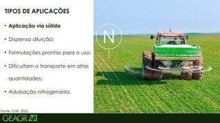 25
• Aplicação via sólida
• Dispensa diluição;
• Formulações prontas para o uso;
• Dificultam o transporte em altas
quantidades;
• Adubação nitrogenada.
TIPOS DE APLICAÇÕES
Fonte: CHB, 2025.
 