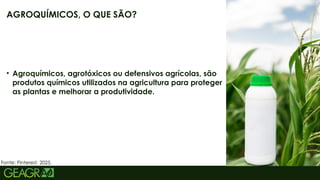 4
AGROQUÍMICOS, O QUE SÃO?
• Agroquímicos, agrotóxicos ou defensivos agrícolas, são
produtos químicos utilizados na agricultura para proteger
as plantas e melhorar a produtividade.
Fonte: Pinterest, 2025.
 