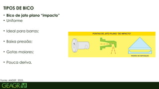 44
• Bico de jato plano “impacto”
• Uniforme
• Ideal para barras;
• Baixa pressão;
• Gotas maiores;
• Pouca deriva.
TIPOS DE BICO
Fonte: ANDEF, 2025.
 