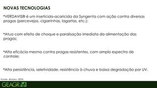 54
NOVAS TECNOLOGIAS
•VERDAVIS® é um inseticida-acaricida da Syngenta com ação contra diversas
pragas (percevejos, cigarrinhas, lagartas, etc.);
•Atua com efeito de choque e paralisação imediata da alimentação das
pragas;
•Alta eficácia mesmo contra pragas resistentes, com amplo espectro de
controle;
•Alta persistência, seletividade, resistência à chuva e baixa degradação por UV.
Fonte: Afubra, 2025.
 
