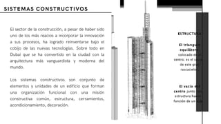SISTEMAS CONSTRUCTIVOS
El sector de la construcción, a pesar de haber sido
uno de los más reacios a incorporar la innovación
a sus procesos, ha logrado reinventarse bajo el
cobijo de las nuevas tecnologías. Sobre todo en
Dubai que se ha convertido en  la ciudad con la
arquitectura más vanguardista y moderna del
mundo.
Los sistemas constructivos son conjunto de
elementos y unidades de un edificio que forman
una organización funcional con una misión
constructiva común, estructura, cerramientos,
acondicionamiento, decoración.
 