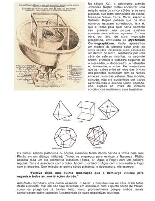 No século XVI, o astrônomo alemão
                                                Johannes Kepler tentou encontrar uma
                                                relação entre os cinco sólidos e os seis
                                                planetas que eram conhecidos na época:
                                                Mercúrio, Vênus, Terra, Marte, Júpiter e
                                                Saturno. Kepler pensou que os dois
                                                números estavam conectados, isto é,
                                                que a razão pela qual havia somente
                                                seis planetas era porque existiam
                                                somente cinco sólidos regulares. Em sua
                                                obra, ao lado, de clara inspiração
                                                pit agórica, ent itulada de Myst eriu m
                                                Cosmographicum, Kepler apresentou
                                                um modelo do sistema solar onde os
                                                cinco sólidos platônicos eram colocados
                                                um dentro do outro, separados por uma
                                                série de esferas inscritas, na seguinte
                                                ordem: primeiro o octaedro seguindo-se
                                                o icosaedro, o dodecaedro, o tetraedro
                                                e, finalmente, o cubo. Ele conjecturou
                                                que as razões entre os raios das órbitas
                                                dos planetas coincidiam com as razões
                                                entre os raios das esferas. Seu modelo,
                                                contudo, não era sustentado por dados
                                                experimentais e acabou sendo alterado,
                                                com elipses ao invés de círculos
                                                concêntricos modelando suas trajetórias.




Os nomes sólidos platônicos ou corpos cósmicos foram dados devido a forma pela qual
Platão em um diálogo intitulado Timeu, os empregou para explicar a Natureza. Platão
associa cada um dos elementos clássicos (Terra, Ar, Água e Fogo) com um poliedro
regular. Terra é associada com o cubo, Ar com o octaedro, Água com o icosaedro e Fogo
com o tetraedro. Com relação ao quinto sólido platônico, o dodecaedro, ele escreve:

        “Faltava ainda uma quinta construção que o Demiurgo utilizou para
organizar todas as constelações do céu.”

Aristóteles introduziu uma quinta essência, o Aéter, e postulou que os céus eram feitos
deste elemento, mas ele não teve interesse em associá-lo com o quinto sólido de Platão,
como os pitagóricos já haviam feito, muito provavelmente porque ambos jamais
concordavam sobre aspectos fundamentais de suas respectivas doutrinas.
 