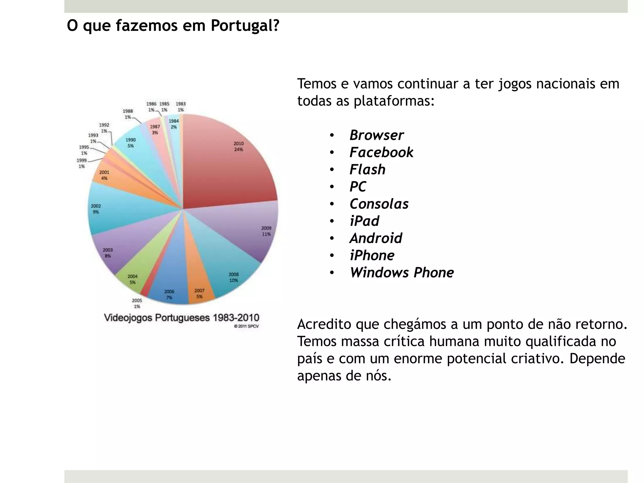 O que fazemos em Portugal?


                             Temos e vamos continuar a ter jogos nacionais em
                             todas as plataformas:

                                 •   Browser
                                 •   Facebook
                                 •   Flash
                                 •   PC
                                 •   Consolas
                                 •   iPad
                                 •   Android
                                 •   iPhone
                                 •   Windows Phone


                             Acredito que chegámos a um ponto de não retorno.
                             Temos massa crítica humana muito qualificada no
                             país e com um enorme potencial criativo. Depende
                             apenas de nós.
 