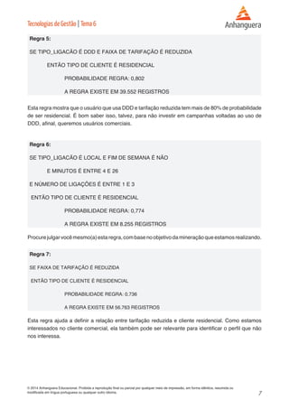 7 
© 2014 Anhanguera Educacional. Proibida a reprodução final ou parcial por qualquer meio de impressão, em forma idêntica, resumida ou 
modificada em língua portuguesa ou qualquer outro idioma. 
Tecnologias de Gestão | Tema 6 
Regra 5: 
SE TIPO_LIGACÃO É DDD E FAIXA DE TARIFAÇÃO É REDUZIDA 
ENTÃO TIPO DE CLIENTE É RESIDENCIAL 
PROBABILIDADE REGRA: 0,802 
A REGRA EXISTE EM 39.552 REGISTROS 
Esta regra mostra que o usuário que usa DDD e tarifação reduzida tem mais de 80% de probabilidade 
de ser residencial. É bom saber isso, talvez, para não investir em campanhas voltadas ao uso de 
DDD, afinal, queremos usuários comerciais. 
Regra 6: 
SE TIPO_LIGACÃO É LOCAL E FIM DE SEMANA É NÃO 
E MINUTOS É ENTRE 4 E 26 
E NÚMERO DE LIGAÇÕES É ENTRE 1 E 3 
ENTÃO TIPO DE CLIENTE É RESIDENCIAL 
PROBABILIDADE REGRA: 0,774 
A REGRA EXISTE EM 8.255 REGISTROS 
Procure julgar você mesmo(a) esta regra, com base no objetivo da mineração que estamos realizando. 
Regra 7: 
SE FAIXA DE TARIFAÇÃO É REDUZIDA 
ENTÃO TIPO DE CLIENTE É RESIDENCIAL 
PROBABILIDADE REGRA: 0,736 
A REGRA EXISTE EM 56.763 REGISTROS 
Esta regra ajuda a definir a relação entre tarifação reduzida e cliente residencial. Como estamos 
interessados no cliente comercial, ela também pode ser relevante para identificar o perfil que não 
nos interessa. 
 