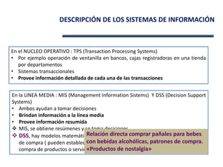 En la LINEA MEDIA : MIS (Management Information Sistems) Y DSS (Decision Support
Systems)
• Ambos ayudan a tomar decisiones
• Brindan información a la línea media
• Provee información resumida
 MIS, se obtiene resúmenes y se toma decisiones
 DSS, hay modelos matemáticos involucrados , estadísticos, Data Mining, patrones
de compra ( pueden establecer relaciones entre consumidores y tipo de consumo,
compra de productos o servicios)
En el NUCLEO OPERATIVO : TPS (Transaction Processing Systems)
• Por ejemplo operación de ventanilla en bancos, cajas registradoras en una tienda
por departamentos
• Sistemas transaccionales
• Provee información detallada de cada una de las transacciones
Relación directa comprar pañales para bebes
con bebidas alcohólicas, patrones de compra.
«Productos de nostalgia»
DESCRIPCIÓN DE LOS SISTEMAS DE INFORMACIÓN
 