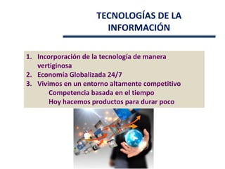 1. Incorporación de la tecnología de manera
vertiginosa
2. Economía Globalizada 24/7
3. Vivimos en un entorno altamente competitivo
Competencia basada en el tiempo
Hoy hacemos productos para durar poco
TECNOLOGÍAS DE LA
INFORMACIÓN
 