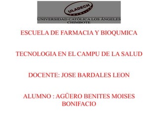 ESCUELA DE FARMACIA Y BIOQUMICA
TECNOLOGIA EN EL CAMPU DE LA SALUD
DOCENTE: JOSE BARDALES LEON
ALUMNO : AGÜERO BENITES MOISES
BONIFACIO
 