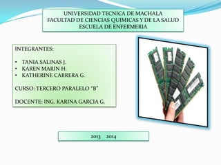 UNIVERSIDAD TECNICA DE MACHALA
FACULTAD DE CIENCIAS QUIMICAS Y DE LA SALUD
ESCUELA DE ENFERMERIA

INTEGRANTES:
• TANIA SALINAS J.
• KAREN MARIN H.
• KATHERINE CABRERA G.
CURSO: TERCERO PARALELO “B”
DOCENTE: ING. KARINA GARCIA G.

2013 2014

 