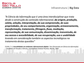 Infraestrutura | Big Data
“A Ciência da Informação que é uma área interdisciplinar que trata
desde a construção do conteúdo informacional, da origem, produção,
coleta, seleção, interpretação, da sua compreensão, de suas
propriedades, do seu comportamento, organização, armazenamento,
transformação, tratamento, filtragem, fluxo, mediação,
representação, de sua comunicação, disseminação, transmissão, de
seu acesso e acessibilidade, de sua recuperação, uso e usabilidade
levando em consideração também os aspectos tecnológicos no
tratamento destas questões”
CUSIN, C. A. Acessibilidade em ambientes informacionais digitais. Tese (Doutorado em Ciência da Informação)
– Faculdade de Filosofia e Ciências, Universidade Estadual Paulista, Marília, 2010.
 