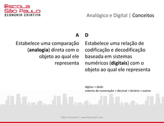Analógico e Digital | Conceitos
A D
Estabelece uma comparação
(analogia) direta com o
objeto ao qual ele
representa
Estabelece uma relação de
codificação e decodificação
baseada em sistemas
numéricos (digitais) com o
objeto ao qual ele representa
digitus > dedo
sistema de numeração > decimal > binário > outros
Fábio Flatschart | www.flatschart.com
 