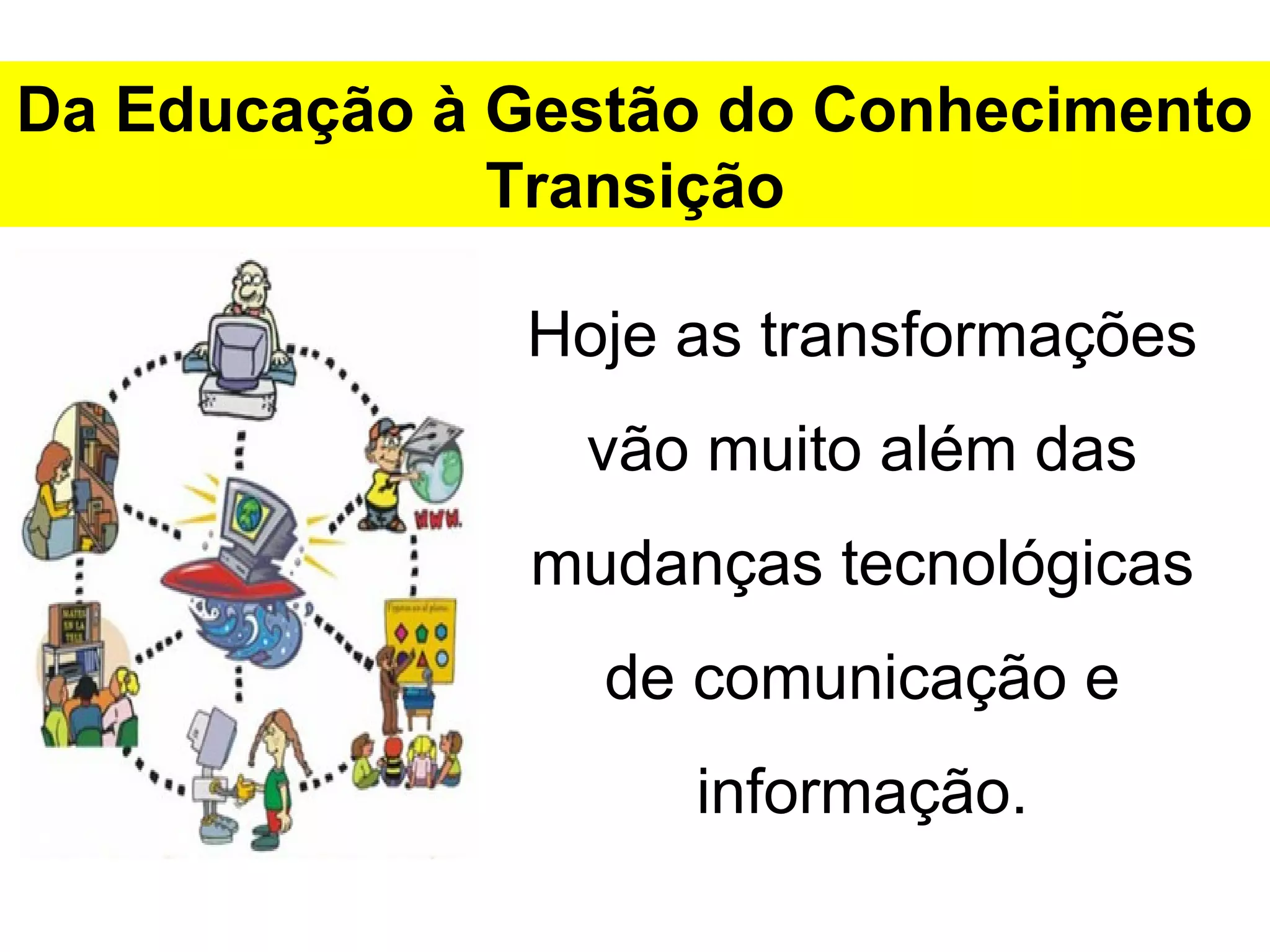 Da Educação à Gestão do Conhecimento 
Transição 
Hoje as transformações 
vão muito além das 
mudanças tecnológicas 
de comunicação e 
informação. 
 