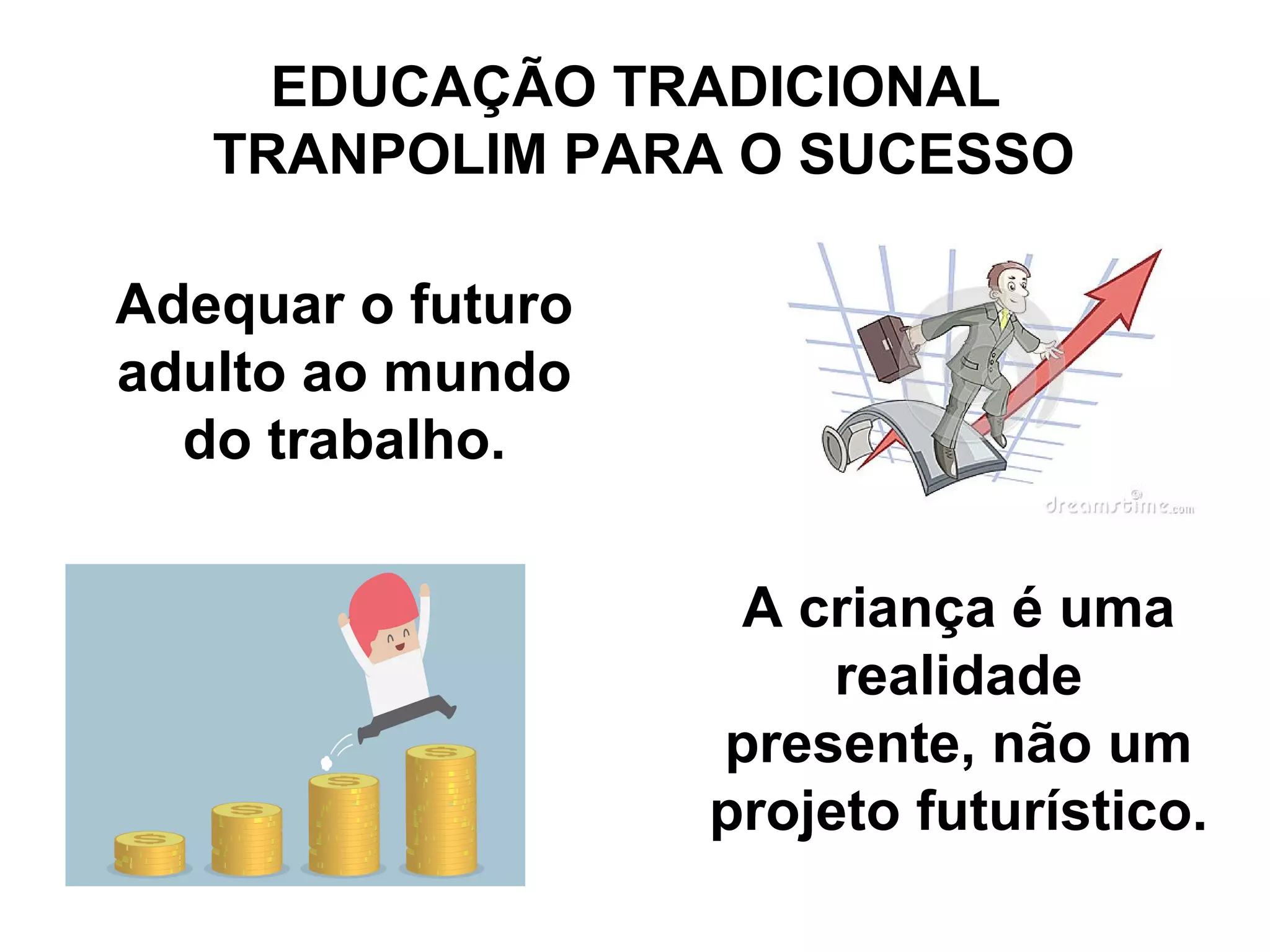 EDUCAÇÃO TRADICIONAL 
TRANPOLIM PARA O SUCESSO 
Adequar o futuro 
adulto ao mundo 
do trabalho. 
A criança é uma 
realidade 
presente, não um 
projeto futurístico. 
 