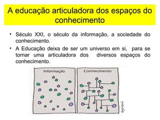 A educação articuladora dos espaços do 
conhecimento 
• Século XXI, o século da informação, a sociedade do 
conhecimento. 
• A Educação deixa de ser um universo em si, para se 
tornar uma articuladora dos diversos espaços do 
conhecimento. 
 