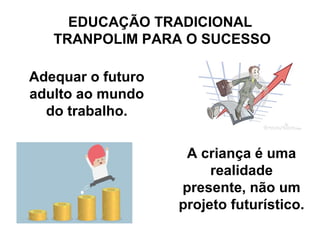 EDUCAÇÃO TRADICIONAL 
TRANPOLIM PARA O SUCESSO 
Adequar o futuro 
adulto ao mundo 
do trabalho. 
A criança é uma 
realidade 
presente, não um 
projeto futurístico. 
 
