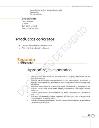 Propuesta curricular 2019 - 2020
19
Informática
 Ejecución de la alternativa seleccionada
 Evaluación
 Comunicación
Evaluación
Lista de cotejo
Rúbrica
Guía de observación
Bitácora del docente.
Productos concretos
 Reporte de investigaciones realizadas.
 Proyecto de producción artesanal.
Aprendizajes esperados
 Identifican los materiales de acuerdo con su origen y aplicación en los
procesos técnicos.
 Valoran y toman decisiones referentes al uso adecuado de materiales y
energía en la operación de sistemas técnicos para minimizar el impacto
ambiental.
 Emplean herramientas y máquinas para transformar y aprovechar de
manera eficiente los materiales y la energía en la resolución de problemas
técnicos.
 Comparan las formas de representación técnica en diferentes momentos
históricos.
 Emplean diferentes formas de representación técnica para el registro y la
transferencia de la información.
 Utilizan diferentes lenguajes y formas de representación en la resolución
de problemas técnicos.
Segundo
trimestre ………………………………………………………………...
 