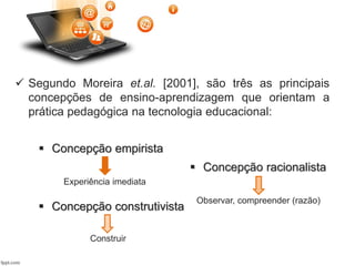  Segundo Moreira et.al. [2001], são três as principais
concepções de ensino-aprendizagem que orientam a
prática pedagógica na tecnologia educacional:
 Concepção empirista
 Concepção racionalista
 Concepção construtivista
Experiência imediata
Observar, compreender (razão)
Construir
 