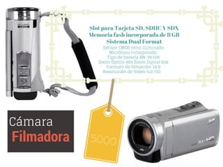 Cámara
Filmadora
Slot para Tarjeta SD, SDHC Y SDX
Memoria fash incorporada de 8 GB
Sistema Dual Format
Sensor CMOS retro iluminado
Micrófono incorporado
Tipo de batería BN-V6108
Zoom Óptico 40x Zoom Digital 60x
Formato de filmación 16:9
Resolución de Video full HD
5000
 