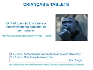 CRIANÇAS E TABLETS

O IPad que não funciona e o
desenvolvimento sensorial do
ser humano.
http://www.youtube.com/watch?v=Pnd2__lwzQA

0 a 2 anos: Aprendizagem da coordenação motora elementar;
2 a 7 anos: Coordenação motora fina.
Jean Piaget
http://mundinhodacrianca.blogspot.com.br/2009/10/as-fases-do-desenvolvimento-infantil.html

 