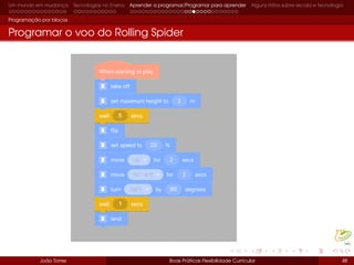 Um mundo em mudança Tecnologias no Ensino Aprender a programar/Programar para aprender Alguns mitos sobre escola e tecnologia
Programação por blocos
Programar o voo do Rolling Spider
João Torres Boas Práticas Flexibilidade Curricular 48
 