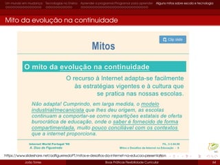Um mundo em mudança Tecnologias no Ensino Aprender a programar/Programar para aprender Alguns mitos sobre escola e tecnologia
Mito da evolução na continuidade
João Torres Boas Práticas Flexibilidade Curricular 64
https://www.slideshare.net/adﬁgueiredoPT/mitos-e-desaﬁos-da-internet-na-educao-presentation
 