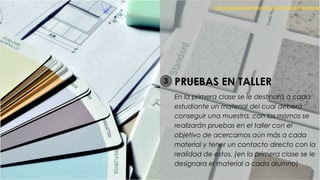 PRUEBAS EN TALLER
En la primera clase se le destinará a cada
estudiante un material del cual deberá
conseguir una muestra, con los mismos se
realizarán pruebas en el taller con el
objetivo de acercarnos aún más a cada
material y tener un contacto directo con la
realidad de estos. (en la primera clase se le
designara el material a cada alumno)
3
 