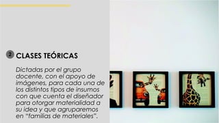 CLASES TEÓRICAS
Dictadas por el grupo
docente, con el apoyo de
imágenes, para cada una de
los distintos tipos de insumos
con que cuenta el diseñador
para otorgar materialidad a
su idea y que agruparemos
en “familias de materiales”.
2
 
