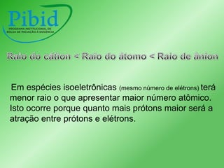 Em espécies isoeletrônicas (mesmo número de elétrons) terá
menor raio o que apresentar maior número atômico.
Isto ocorre porque quanto mais prótons maior será a
atração entre prótons e elétrons.

 
