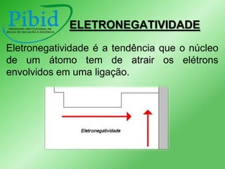 ELETRONEGATIVIDADE
Eletronegatividade é a tendência que o núcleo
de um átomo tem de atrair os elétrons
envolvidos em uma ligação.

 