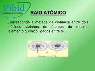 RAIO ATÔMICO
Corresponde a metade da distância entre dois
núcleos vizinhos de átomos do mesmo
elemento químico ligados entre si.

 