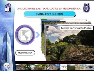 APLICACIÓN DE LAS TECNOLOGÍAS EN MESOAMÉRICA CANALES Y  DUCTOS MESOAMERICA Text Hierve el agua Oaxaca. Zempoala Veracruz. Teotihuacán , México. Teopantecuanitlán,  Guerrero. San Lorenzo, Veracruz . Tecoatl  en Tehuacán Puebla. 