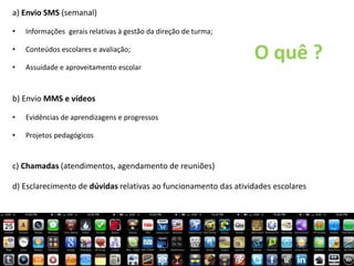 a) Envio SMS (semanal)

•   Informações gerais relativas à gestão da direção de turma;

•

•
    Conteúdos escolares e avaliação;

    Assuidade e aproveitamento escolar
                                                                 O quê ?
b) Envio MMS e vídeos

•   Evidências de aprendizagens e progressos

•   Projetos pedagógicos


c) Chamadas (atendimentos, agendamento de reuniões)

d) Esclarecimento de dúvidas relativas ao funcionamento das atividades escolares
 