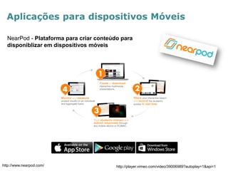Aplicações para dispositivos Móveis 
NearPod - Plataforma para criar conteúdo para disponiblizar em dispositivos móveis 
http://www.nearpod.com/ 
http://player.vimeo.com/video/39006989?autoplay=1&api=1  