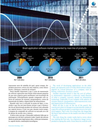 totvs.com
                                                                                                                                   0800 100 78 98




                             Brazil application software market segmented by main line of products
                        Hosted                                      Hosted                                           Hosted
             Hosted Middleware                           Hosted Middleware                                Hosted Middleware
           Applications  3,1%      Hosted              Applications  3,8%      Hosted                   Applications  4,2%      Hosted
              1,2%             Infrastructure             1,8%             Infrastructure                  4,5%             Infrastructure
                                   5,3%                                        5,7%                                              58%
           Back Office
           43,2%


               On Premisse                                  On Premisse                                      On Premisse
                 90,4%                                        88,7%                                            85,5%
                    Verticals
                    43,2%

                 2009                                          2010                                            2011
           R$ 11,06 billion                              R$ 11,96 billion                                 R$ 12,86 billion


representar anos de trabalho do qual, quase sempre, de-                The work of developing applications on the other
pendem processos críticos de uma empresa, como fatura-               hand, can represent years of work which almost always
mento, cobranças, controle de estoques.                              depend on critical processes of a company such as
  Outro detalhe importante é que o custo de manutenção               billing, collections, inventory control.
do software representa uma fração relativamente pequena                Another important detail is that the cost of softwa-
do que uma empresa gasta atualmente com tecnologia da                re maintenance represents a relatively small fraction
informação. Principalmente quando comparado com sa-                  of what a company currently spends on information
lários de analistas de sistemas, programadores, custos de            technology. Especially if you compare with salaries of
transmissão de dados e depreciação da infraestrutura.                systems analysts, programmers, data transmission costs
  Quando tudo isso é colocado na ponta do lápis, a con-              and depreciation of infrastructure.
clusão é que fica até mais barato aceitar o que o fornece-             When all this is put on the tip of the pencil, the
dor de um determinado produto de software está cobrando              conclusion is that it is cheaper to accept what the vendor of
por suporte técnico. É por isso que, durante muito tempo,            a specific software product is wanting to receive for tech-
a imagem do comprador de software no mercado era a de                nical support. That’s why, for a long time, the image that
de dançar de acordo com a música.                                    the buyer had software on the market was that of a herd
  A única coisa com que o fornecedor realmente tinha que se          of cattle.
preocupar era a de fazer a primeira venda. A partir daí estavam        The only thing the vendor really had to worry about
aberta as portas para impor preços altos, cobrar por treinamen-      was making the first sale. In a figurative image corres-
to, suporte técnico, atualizações tecnológicas.                      ponded to roping the cattle. From there he could do with

Study Series Technology - 2012                                                                                                    17
 