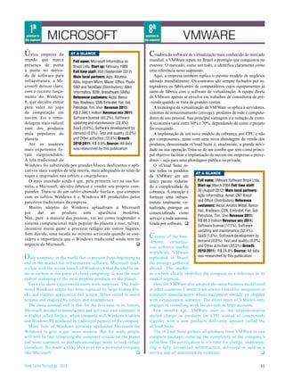 1th                                                                      8th
 position in
the segment     MICROSOFT                                                 position in
                                                                         the segment            VMWARE
Ú nica   empresa do       AT A GLANCE                                       C  riadora do software de virtualização mais conhecido do mercado
mundo que marca            Full name: Microsoft Informática do              mundial, a VMWare repete no Brasil o prestígio que conquistou no
presença de ponta          Brasil Ltda. Start up: February 1989             exterior. O mercado, como um todo, a identifica claramente como
a ponta no merca-          Full time staff: 650 (September 2012)            uma referência neste segmento.
do de software para        Main local partners: Agis, Alcateia,                Aqui, a empresa também replica o mesmo modelo de negócios
infraestrutura, a Mi-      Aldo, Ingram Micro, Mazer, Office, Pauta         adotado mundialmente. Os contratos são sempre fechados por in-
crosoft deixou claro,      SND and TechData (Distributors); Allen           tegradores ou fabricantes de computadores cujos equipamentos já
com o recente lança-       Informática, B2Br, Brasoftware (VARs)            saem de fábrica com o software de virtualização. A equipe direta
mento do Windows           Referencer customers: Alcoa, Banco               da VMware apenas se envolve em trabalhos de consultoria de pré-
8, que decidiu entrar      Itaú, Bradesco, CSN, Embratel, Fiat, Gol,        -venda quando se trata de grandes contas.
para valer no jogo         Petrobras, Tim, Vivo Revenue 2011:                  A tecnologia de virtualização da VM Ware se aplica à servidores,
da computação em           R$ 2.380,1 million Revenue mix 2011:             sistemas de armazenamento (storage), produtos de rede e computa-
nuvem. Foi a remo-         Software license (65,2%), Software               dores de uso pessoal. Sua principal vantagem é a redução de custo.
delagem mais radical       updating and maintenance (22,8%),                A economia varia entre 30% e 70%, dependendo de como o projeto
num dos produtos           SaaS (0,0%), Software development by             for executado.
mais populares do          demand (0,0%), Test and quality (0,0%)              A implantação de um novo modelo de cobrança, por CPU e não
planeta.                   and Other activities (12,0%) Growth              por componentes, junto com uma nova abordagem de venda dos
   Até os usuários         2010-2011: R$ 9,9% Source: All data              produtos, denominada vCloud Suite é, atualmente, a grande novi-
mais experientes fo-       was researched by this publication               dade na sua operação.Trata-se de um combo que tem como princi-
ram surpreendidos.                                                          pal objetivo facilitar a implantação de nuvem em empresas e prove-
A tela tradicional do                                                       dores – seja para uma abordagem pública ou privada.
Windows foi substituída por grandes blocos deslizantes e apli-                 O vCloud Suite re-
cativos mais simples de tela inteira, mais adequados às telas de            úne todos os produtos
                                                                                                         AT A GLANCE
toque e inspirados nos tablets e smartphones.                               da VMWare em um
   O mais inusitado ainda é que, pela primeira vez na sua his-              único pacote reduzin-         Full name: VMware Software Brasil Ltda.
tória, a Microsoft, decidiu fabricar e vender seu próprio com-              do a complexidade da          Start up: March 2004 Full time staff:
putador. Trata-se de um tablet chamado Surface, que compete                 cobrança. A intenção é        30 (August 2012) Main local partners:
com os tablets Windows 8 e Windows RT produzidos pelos                      fornecer uma infraes-         Ação Informática, Avnet, CNT Brasil
parceiros tradicionais da empresa.                                                                        and Office (Distributors) Reference
                                                                            trutura totalmente vir-
                                                                                                          customers: Alcoa, Arcelor Mittal, Banco
   Muitos adeptos do Windows aplaudiram a Microsoft                         tualizada, entregue ou
                                                                                                          Itaú, Bradesco, CSN, Embratel, Fiat, Gol,
por     dar    ao    produto       uma      aparência         moderna.      comercializada como
                                                                                                          Petrobras, Tim, Vivo Revenue 2011:
Mas, para a maioria das pessoas, vai ser como reaprender o                  serviço e toda automa-
                                                                                                          R$ 98,3 million Revenue mix 2011:
sistema computacional mais popular do planeta e isso, talvez,               tizada por software. q        Software license (17,1%), Software
incentive muita gente a procurar refúgio em outros lugares.                                              updating and maintenance (52,4%),
Sem dúvida, uma tacada no mínimo arriscada quando se con-
sidera a importância que o Windows tradicional ainda tem no
                                                                            Creator of the best-         SaaS (1,5%), Software development by
                                                                            -known virtualiza-           demand (0,0%), Test and quality (0,0%)
negócio da Microsoft.                                                q                                   and Other activities (30,5%) Growth
                                                                            tion software market
                                                                            worldwide, VMware            2010-2011: R$ 24,8% Source: All data
O nly company in the world that is present from beginning to                replicated in Brazil         was researched by this publication
end in the market for infrastructure software, Microsoft made               the prestige gathered
it clear with the recent launch of Windows 8 that decided to en-            abroad. The market
ter in earnest in the game of cloud computing. It was the most              as a whole clearly identifies the company as a reference in its
radical reshaping of the most popular products on the planet.               market segment.
   Even the most experienced users were surprised. The tradi-                  Here the VMWare also adopted the same business model used
tional Windows screen has been replaced by large sliding blo-               in other countries. Contracts are always closed for integrators or
cks and simpler application full screen, better suited to touch             computer manufacturers whose equipment already str shipped
screens and inspired by tablets and smartphones.                            with virtualization software. The direct team of VMware only
   The more unusual still is that for the first time in its history,        engages in consulting work for pre-sale in large accounts.
Microsoft decided to manufacture and sell your own computer. It                Few months ago, VMWare start to the implementation
is a tablet called Surface, which competes with Windows 8 tablets           started charge its products for CPU instead of components
and Windows RT produced by traditional partners of the company.             together with a new products delliverey aproach called the
   Many fans of Windows certainly applauded Microsoft for                   vCloud Suite.
Windows to give a guy more modern. But for many people                         The vCloud Suite gathers all products from VMWare in one
will will be like relearning the computer system on the planet              complete package, reducing the complexity of the company’s
and more common, so perhaps encourage many to seek refuge                   collection The justification is it’s time for change, implemen-
elsewhere. No doubt a risky shot even for a powerful company                ting a fully virtualized infrastructure, delivered or sold as a
like Microsoft.                                                  q          service and all automated by software.                          q


Study Series Technology - 2012                                                                                                                    31
 
