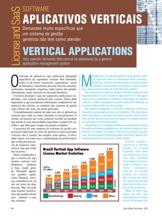 SOFTWARE
License and SaaS   APLICATIVOS VERTICAIS
                   Demandas muito específicas que
                   um sistema de gestão
                   genérico não tem como atender


                   VERTICAL APPLICATIONS
                   Very specific demands that cannot be addressed by a generic
                   application management system




 O                                                                   M
          mercado de aplicativos que endereçam demandas                          anagement systems designed to meet specific verti-
          específicas de segmentos verticais bem definidos,                      cal segments such as commercial bank, insurance,
          como os de banco comerciais, seguradoras, varejo                       food retail, discrete manufacturing, consumer goods,
          de alimentos, manufatura discreta, bens de consumo,                    clothing, transportation and logistics among others
  confecções, transporte e logística, entre outros, têm atraído,      have attracted much interest in the Brazilian market.
  ultimamente, muito interesse no mercado brasileiro.                    The main reason is that are markets still little explored with
    O motivo principal é que são segmentos ainda pouco ex-            huge potential to grow. Another important fact is that appli-
  plorados, com enorme potencial para crescer. Outro dado             cations are incorporating competitive advantages in business
  importante é que incorporam diferenciais competitivos nos           customer, unlike management systems where the offerings of
  negócios dos clientes, ao contrário dos sistemas de gestão          several vendors today are very similar.
  cujas ofertas são, hoje, são muito parecidas.                          The natural consequence of all this is that the vertical ap-
    O desdobramento natural de tudo isso são os aplicativos           plications increasingly oriented investments. The client most
  verticais que, cada vez mais, orientam os investimentos. O          often first choose a product that meets specific needs. From
  cliente, na maioria das vezes, primeiro escolhe um produto          there choose the rest necessary to compose a complete project
  que atende às suas necessidades específicas. A partir daí, es-      in accordance with the best deals.
  colhe o que falta para compor um projeto completo.                     The presence of a company’s business management systems
    A presença de uma empresa de sistemas de gestão em-               in traditional business applications for vertical markets is not,
  presarial tradicional no ramo de aplicativos para mercados          however, as simple as it seems. The activity requires, in each
  verticais não é, porém, tão simples como parece. A ativi-           case, the participation of professionals who know specific bu-
  dade requer, em cada caso, a participação de profissionais          siness processes are still scarce in the market.
  que conheçam proces-                                                                                           Another complica-
  sos de negócios espe-                                                                                        ting factor is that the
  cíficos, mas que ainda                                                                                       number of vertical
                                Brazil Vertical App Software                                     4.184*
                                                                                                               segments with their
  são escassos.
    Outro complicador é         License Market Evolution                                3.770*                 own dynamics is now
  que o número de seg-                                                        3.388*                           very large. Thinking
                                                                                                 46,6%
  mentos verticais com                                                                                         only major acronyms
                                                                     3.036*              46,0%
  dinâmicas       próprias                                                                                     such as finance, ser-
  é, hoje, muito gran-          Total in                    2.711*             45,8%                           vices,      manufactu-
                                R$ million           2.414            45,5%
  de. Pensando apenas                                                                             15,2%        ring, etc. are already
                                            2.099            45,3%
  nas grandes siglas,                                                                    14,4%                 around two dozen.
                                   1.641             45,3%                     13,8%
  como finanças, servi-                     44,9%                     13,0%                                    But in each one there
  ços, manufatura etc, já          45,0%             11,9%   12,4%                       20,8% 21,2%           are ramifications that
                                                                      19,9% 20,4%
                                                                                                     *Estimated




                                            11,5%
  são em torno de duas             11,1%             19,0%   19,4%                                             may lead to the num-
                                   18,6%    18,7%
                                                             22,9%    21,6%    20,0%     18,8% 17,1%           ber in the hundreds.
  dezenas. Mas, em cada            25,3%    24,9%    23,8%
  uma existem ramifica-             2009    2010     2011    2012     2013     2014      2015 2016               Many of these seg-
  ções que podem elevar                                                                                        ments are also very
                                       Manufacturing          Banking            Public            Others
  esse número à casa                                                                                           heterogeneous in terms
  das centenas.                                                                                                of size of business. In-

  66                                                                                                              Série Estudos Tecnologia --2012
                                                                                                                   Série Estudos Tecnologia 2012
 