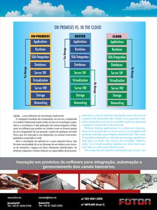 ON PREMISES VS. IN THE CLOUD
                      ON-PREMISES                               HOSTED                           CLOUD
                       Applications                           Applications                     Applications

                         Runtimes                               Runtimes                        Runtimes



                                                You Manage
                      SOA/Integration                        SOA/Integration                 SOA/Integration

                        Databases                              Databases                       Databases
         You Manage




                                                                                                                 We Manage
                        Server SW                              Server SW                       Server SW
                       Virtualization                         Virtualization                  Virtualization


                                                                                We Manage
                        Server HW                              Server HW                        Server HW
                          Storage                                Storage                         Storage
                        Networking                             Networking                      Networking


rápida, a um ambiente de tecnologia tradicional.                      moved to a virtual machine among the many that can be
   A vantagem imediata da computação em nuvem, comparada              created with thousands like folders on a personal com-
ao modelo tradicional usado ainda na área de tecnologia corpo-        puter using physical server available and even personal
rativa, é econômica. Cada aplicação fica numa máquina virtual,        computers connected to the network.
entre as milhares que podem ser criadas como se fossem pastas           Without linking applications to a physical structure,
de um computador de uso pessoal, a partir de qualquer servidor        there is no need to have a lot of servers overloaded with
físico que for colocado à sua disposição ou mesmo microcom-           memory and disk space highly underutilized. The virtu-
putadores conectados à rede.                                          al machines themselves indicate processing capabilities
   Sem a vinculação de aplicativos a uma estrutura física, não        and space on disks that need to be available. Additio-
há mais necessidade de se ter dezenas de servidores com exces-        nally, in a virtual machine tupdates are done much qui-
so de memória e espaço em disco altamente subutilizados. As           cker than in a physical infrastructure.
próprias máquinas virtuais indicam as capacidades de processa-          The corporate job and file sharing become easier, sin-
 