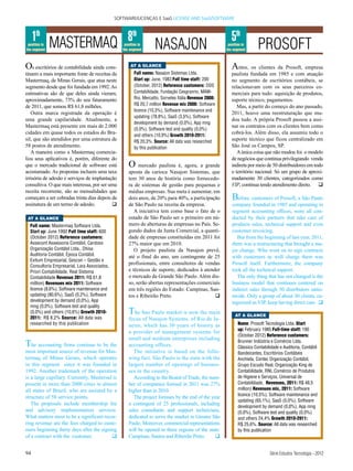 SOFTWARE/LICENÇAS E SaaS LICENSE AND SaaS/SOFTWARE



     1th MASTERMAQ 8th                                                                                    5th
 position in
the segment
                                                  position in
                                                 the segment       NASAJON                              position in
                                                                                                       the segment       PROSOFT
Os escritórios de contabilidade ainda cons-          AT A GLANCE                                          A   ntes, os clientes da Prosoft, empresa
tituem a mais importante fonte de receitas da           Full name: Nasajon Sistemas Ltda.                 paulista fundada em 1985 e com atuação
Mastermaq, de Minas Gerais, que atua neste              Start up: June, 1983 Full time staff: 200         no segmento de escritórios contábeis, se
segmento desde que foi fundada em 1992. As              (October, 2012) Reference customers: DDS          relacionavam com os seus parceiros co-
estimativas são de que deles ainda vieram,              Contabilidade, Fundação Cesgranrio, MAM-          merciais para tudo: aquisição de produtos,
aproximadamente, 73% do seu faturamento                 Rio, Mercatto, Sorvetes Itália Revenue 2008:      suporte técnico, pagamentos.
                                                        R$ 20,7 million Revenue mix 2008: Software
de 2011, que somou R$ 61,8 milhões.                                                                          Mas, a partir do começo do ano passado,
                                                        licence (10,3%), Software maintenance and
   Outra marca registrada da operação é                                                                   2011, houve uma reestruturação que mu-
                                                        updating (78,8%), SaaS (3,5%), Software
uma grande capilaridade. Atualmente, a                                                                    dou tudo. A própria Prosoft passou a assi-
                                                        development by demand (0,0%), App mng
Mastermaq está presente em mais de 2.000                                                                  nar os contratos com os clientes bem como
                                                        (0,0%), Software test and quality (0,0%)
cidades em quase todos os estados do Bra-               and others (10,9%) Growth 2010-2911:
                                                                                                          cobrá-los. Além disso, ela assumiu todo o
sil, que são atendidos por uma estrutura de             R$ 20,3%. Source: All data was researched         suporte técnico que ficou centralizado em
58 postos de atendimento.                               by this publication                               São José os Campos, SP.
   A maneira como a Mastermaq comercia-                                                                      A única coisa que não mudou foi o modelo
liza seus aplicativos é, porém, diferente do                                                              de negócios que continua privilegiando venda
que o mercado tradicional de software está          O    mercado paulista é, agora, a grande              indireta por meio de 50 distribuidores em todo
acostumado. As propostas incluem uma taxa           aposta da carioca Nasajon Sistemas, que               o território nacional. Só um grupo de aproxi-
irrisória de adesão e serviços de implantação       tem 30 anos de história como fornecedo-               madamente 30 clientes, categorizados como
consultiva. O que mais interessa, por ser uma       ra de sistemas de gestão para pequenas e              VIP, continua tendo atendimento direto. q
receita recorrente, são as mensalidades que         médias empresas. Sua meta é aumentar, em
começam a ser cobradas trinta dias depois da        dois anos, de 20% para 40%, a participação            B  efore, customers of Prosoft, a São Paulo
assinatura de um termo de adesão.          q        de São Paulo na receita da empresa.                   company founded in 1985 and operating in
                                                       A iniciativa tem como base o fato de o             segment accounting offices, were all con-
 AT A GLANCE                                        estado de São Paulo ser o primeiro em nú-             ducted by their partners that take care of
  Full name: Mastermaq Software Ltda.               mero de aberturas de empresas no País. Se-            products sales, technical support and even
  Start up: June 1992 Full time staff: 600          gundo dados da Junta Comercial, a quanti-             customer invoicing.
  (October 2012) Reference customers:               dade de empresas constituídas em 2011 foi                But from the beginning of last year, 2011,
  Assecont Assessoria Contábil, Cardoso             27% maior que em 2010.                                there was a restructuring that brought a ma-
  Organização Contábil Ltda., Dhisa                    O projeto paulista da Nasajon prevê,               jor change. Who went on to sign contracts
  Auditoria Contábil, Época Contábil,               até o final do ano, um contingente de 25              with customers as well charge them was
  Exitum Empresarial, Gescon – Gestão e
                                                    profissionais, entre consultores de vendas            Prosoft itself. Furthermore, the company
  Consultoria Empresarial, Lara Associados,
  Priori Contabilidade, Real Sistema                e técnicos de suporte, dedicados à atender            took all the technical support.
  Contabilidade Revenue 2011: R$ 61,8               o mercado da Grande São Paulo. Além dis-                 The only thing that has not changed is the
  million) Revenues mix 2011: Software              so, serão abertas representações comerciais           business model that continues centered on
  licence (8,6%), Software maintenance and          em três regiões do Estado: Campinas, San-             indirect sales through 50 distributors natio-
  updating (80,6%), SaaS (0,2%), Software           tos e Ribeirão Preto.                   q             nwide. Only a group of about 30 clients, ca-
  development by demand (0,0%), App                                                                       tegorized as VIP, keep having direct care. q
  mng (0,0%), Software test and quality
  (0,0%) and others (10,6%) Growth 2010-            The Sao Paulo market is now the main                    AT A GLANCE
  2011: R$ 8,2% Source: All data was                focus of Nasajon Systems, of Rio de Ja-
  researched by this publication                    neiro, which has 30 years of history as                   Name: Prosoft Tecnologia Ltda. Start
                                                                                                              up: February 1985 Full-time staff: 190
                                                    a provider of management systems for
                                                                                                              (October 2012) Reference customers:
                                                    small and medium enterprises including
T  he accounting firms continue to be the           accounting offices.
                                                                                                              Brunner Indústria e Comércio Ltda.
                                                                                                              Clássico Contabilidade e Auditoria, Contábil
most important source of revenue for Mas-              The initiative is based on the follo-                  Bandeirantes, Escritórios Contábeis
termaq of Minas Gerais, which operates              wing fact. São Paulo is the state with the                Anchieta, Contec Organização Contábil,
in this segment since it was founded in             largest number of openings of busines-                    Grupo Escudo Real, Organização King de
1992. Another trademark of the operation            ses in the country.                                       Contabilidade, RNL Comércio de Produtos
is a large capillary. Currently, Mastersaf is          According to the Board of Trade, the num-              de Higiene e Serviços, Universal de
present in more than 2000 cities in almost          ber of companies formed in 2011 was 27%                   Contabildiade, Revenues, 2011: R$ 48,5
all states of Brazil, who are assisted by a         higher than in 2010.                                      million) Revenues mix, 2011: Software
                                                                                                              licence (10,5%), Software maintenance and
structure of 58 service points.                        The project foresses by the end of the year
                                                                                                              updating (65,1%), SaaS (0,0%), Software
   The proposals include membership fee             a contingent of 25 professionals, including
                                                                                                              development by demand (0,0%), App mng
and advisory implementation services.               sales consultants and support technicians,                (0,0%), Software test and quality (0,0%)
What matters most to be a significant recur-        dedicated to serve the market in Greater São              and others 24,4% Growth 2010-2911:
ring revenue are the fees charged to custo-         Paulo. Moreover, commercial representations               R$ 25,6%. Source: All data was researched
mers beginning thirty days after the signing        will be opened in three regions of the state:             by this publication
of a contract with the customer.          q         Campinas, Santos and Ribeirão Preto.        q


94                                                                                                                             Série Estudos Tecnologia - 2012
 