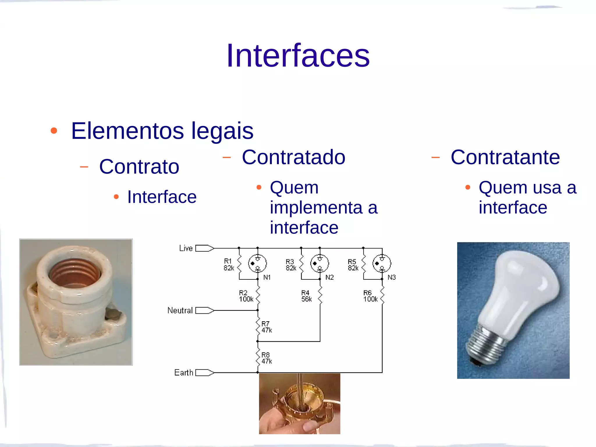 Interfaces

●   Elementos legais
    –   Contrato
                         –   Contratado          –   Contratante
                              ●   Quem                ●   Quem usa a
         ●   Interface
                                  implementa a            interface
                                  interface
 