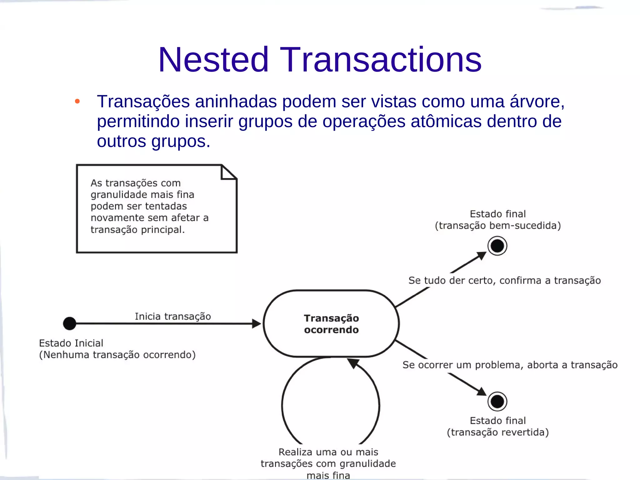 Nested Transactions
●   Transações aninhadas podem ser vistas como uma árvore,
    permitindo inserir grupos de operações atômicas dentro de
    outros grupos.
 