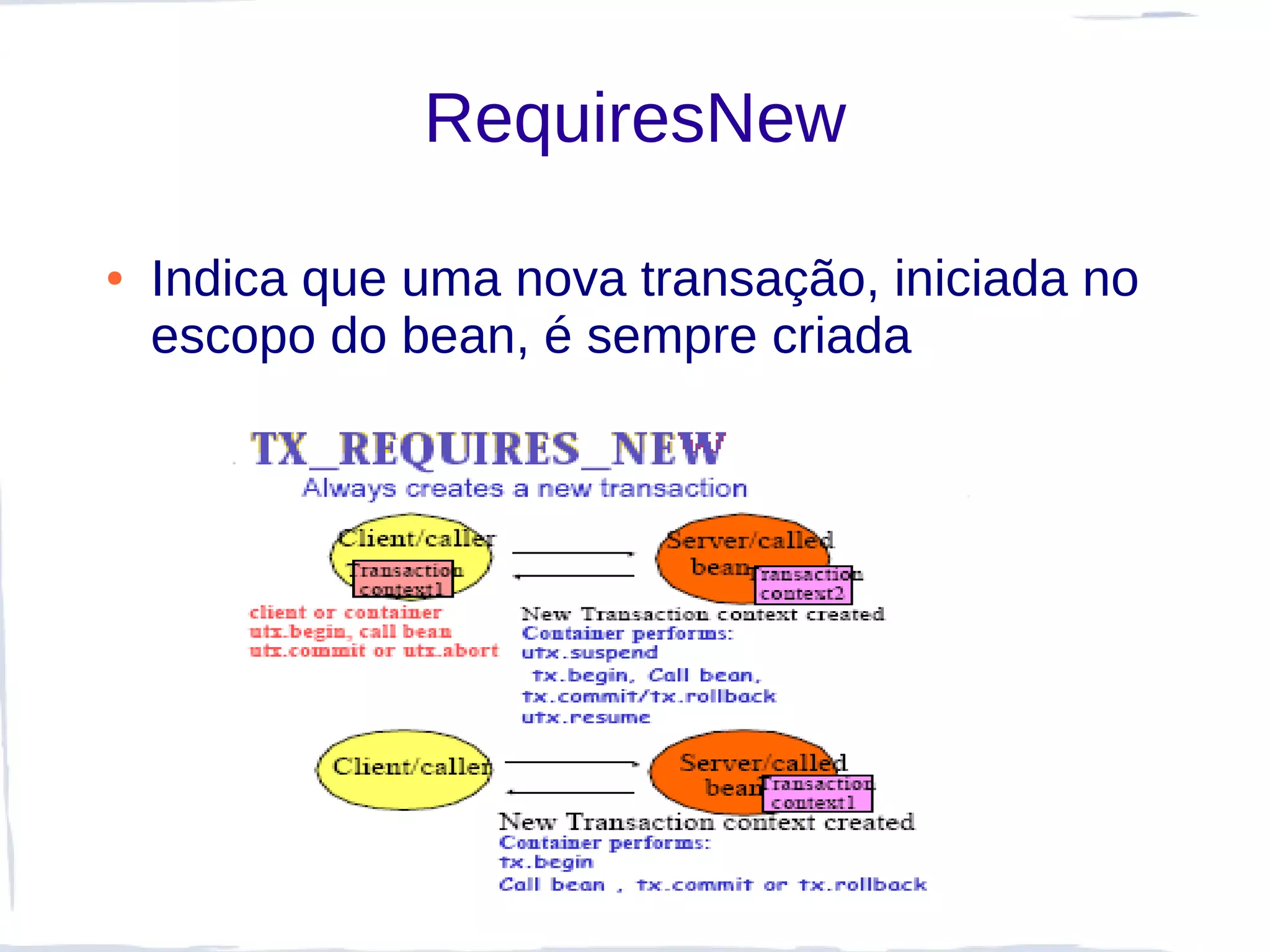 RequiresNew

●   Indica que uma nova transação, iniciada no
    escopo do bean, é sempre criada
 