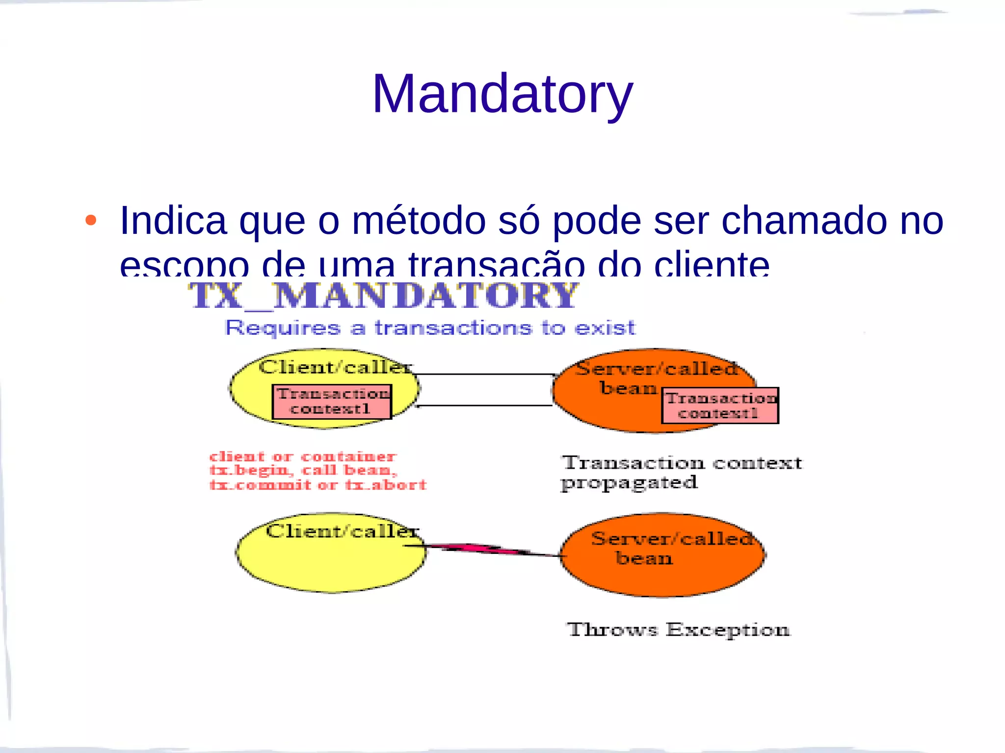 Mandatory

●   Indica que o método só pode ser chamado no
    escopo de uma transação do cliente
 