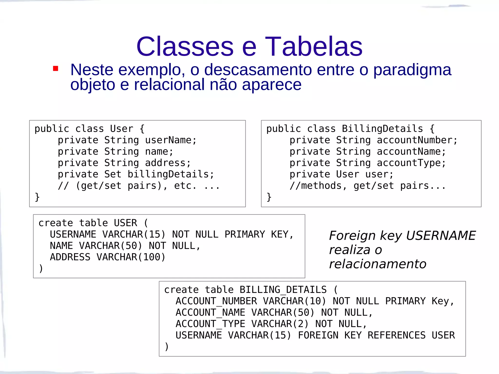 Classes e Tabelas
   Neste exemplo, o descasamento entre o paradigma
    objeto e relacional não aparece

public class User {                    public class BillingDetails {
    private String userName;               private String accountNumber;
    private String name;                   private String accountName;
    private String address;                private String accountType;
    private Set billingDetails;            private User user;
    // (get/set pairs), etc. ...           //methods, get/set pairs...
}                                      }

create table USER (
  USERNAME VARCHAR(15) NOT NULL PRIMARY KEY,      Foreign key USERNAME
  NAME VARCHAR(50) NOT NULL,
                                                  realiza o
  ADDRESS VARCHAR(100)
)                                                 relacionamento
                      create table BILLING_DETAILS (
                        ACCOUNT_NUMBER VARCHAR(10) NOT NULL PRIMARY Key,
                        ACCOUNT_NAME VARCHAR(50) NOT NULL,
                        ACCOUNT_TYPE VARCHAR(2) NOT NULL,
                        USERNAME VARCHAR(15) FOREIGN KEY REFERENCES USER
                      )
 