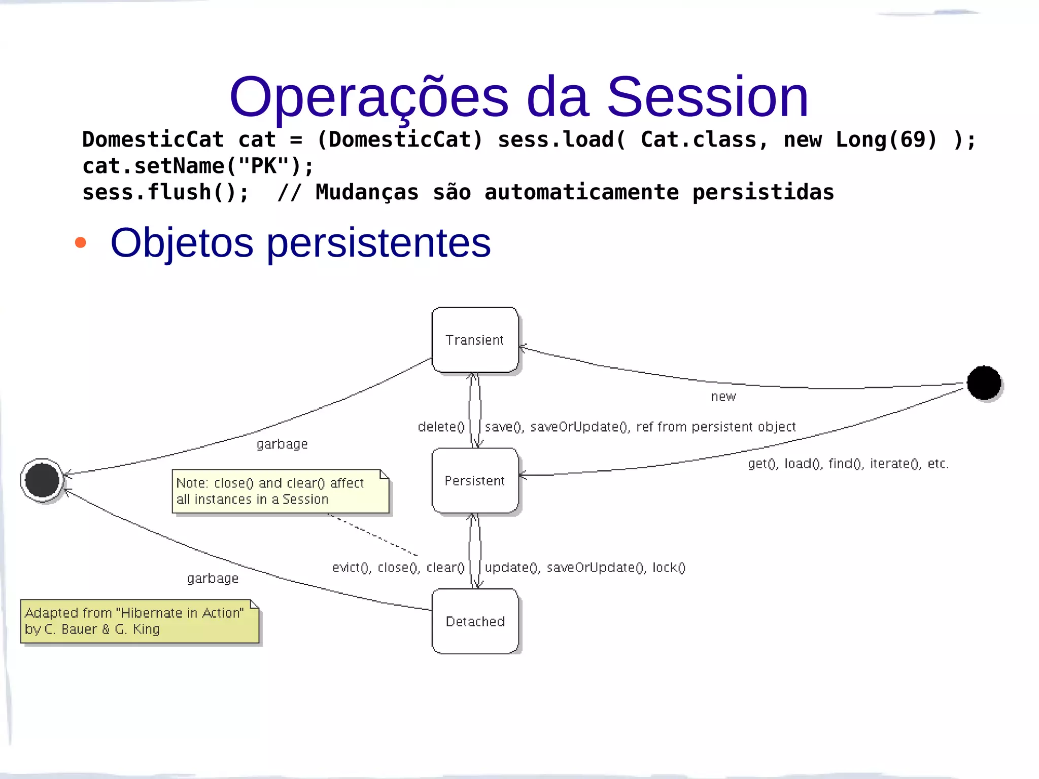 Operações da Session
DomesticCat cat = (DomesticCat) sess.load( Cat.class, new Long(69) );
cat.setName("PK");
sess.flush(); // Mudanças são automaticamente persistidas

●   Objetos persistentes
 