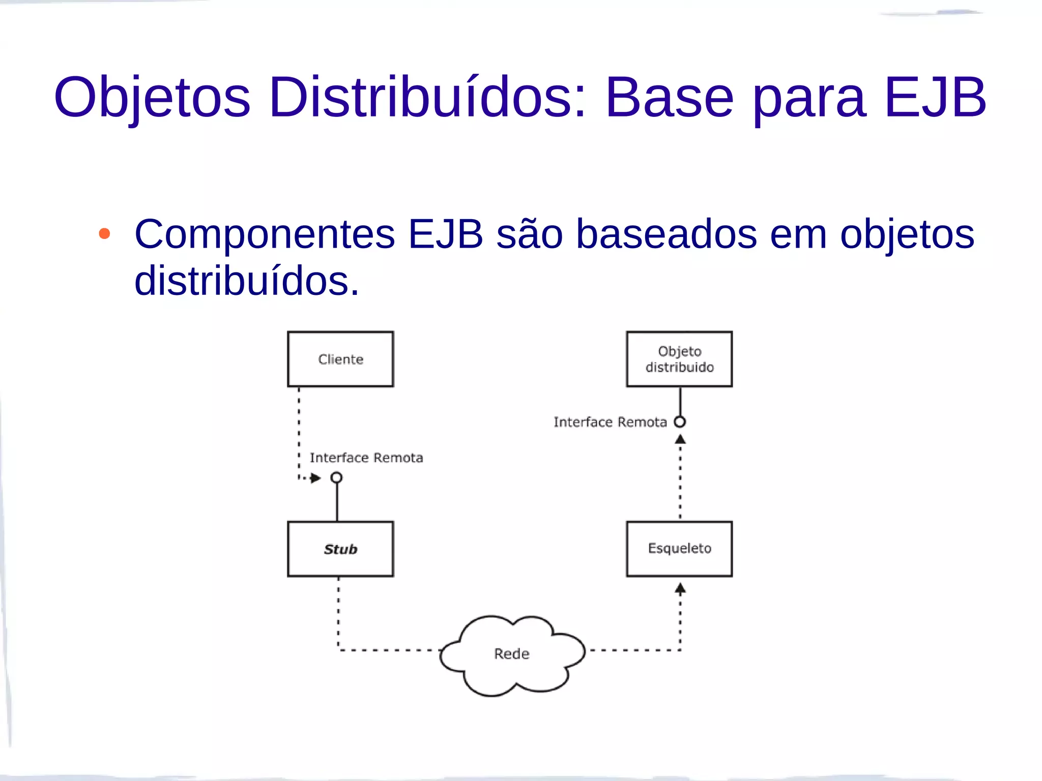 Objetos Distribuídos: Base para EJB

 ●   Componentes EJB são baseados em objetos
     distribuídos.
 