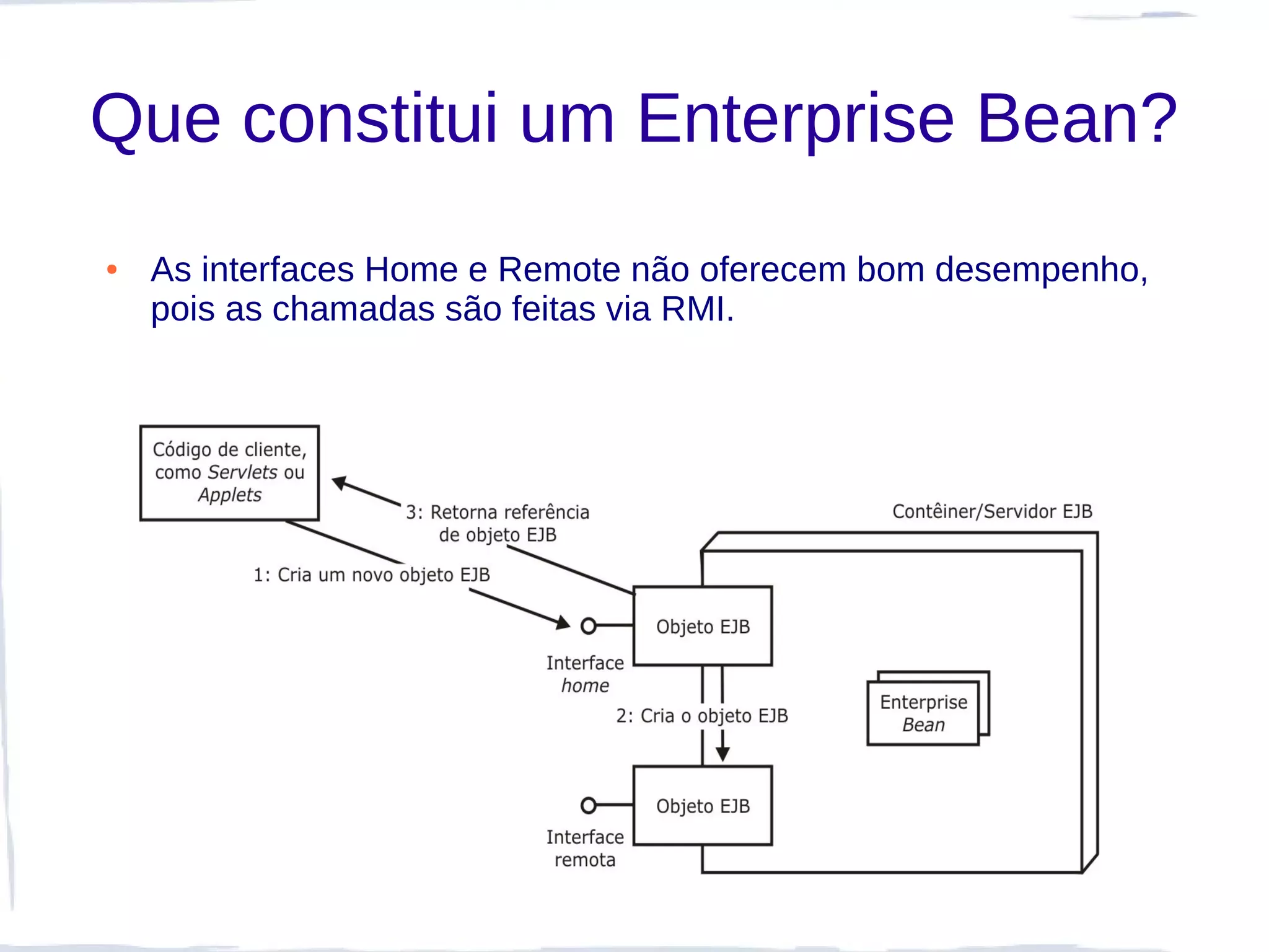 Que constitui um Enterprise Bean?
●   As interfaces Home e Remote não oferecem bom desempenho,
    pois as chamadas são feitas via RMI.
 