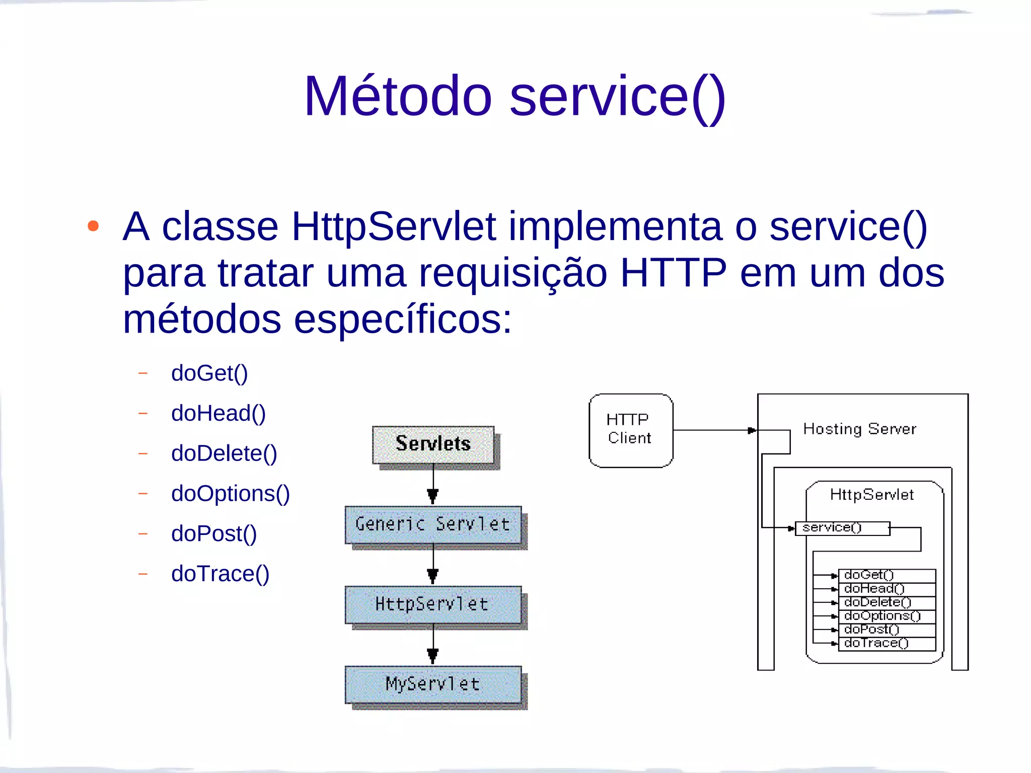 Método service()

●   A classe HttpServlet implementa o service()
    para tratar uma requisição HTTP em um dos
    métodos específicos:
    –   doGet()
    –   doHead()
    –   doDelete()
    –   doOptions()
    –   doPost()
    –   doTrace()
 