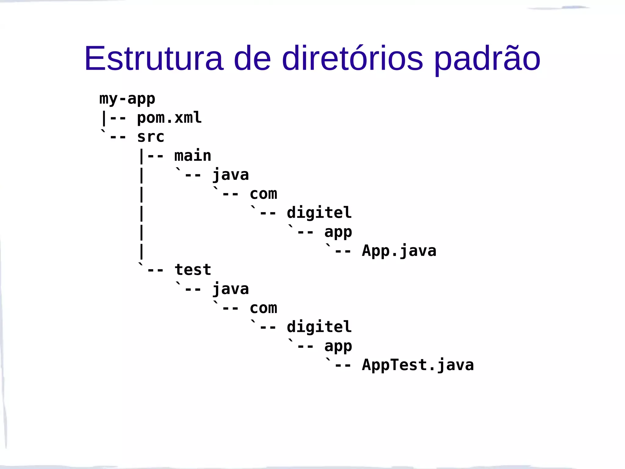 Estrutura de diretórios padrão
 my-app
 |-- pom.xml
 `-- src
     |-- main
     |   `-- java
     |       `-- com
     |           `-- digitel
     |               `-- app
     |                   `-- App.java
     `-- test
         `-- java
             `-- com
                 `-- digitel
                     `-- app
                         `-- AppTest.java
 