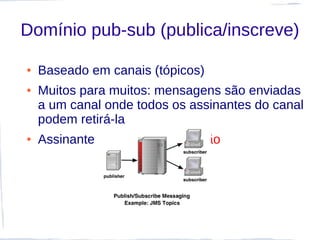 Domínio pub-sub (publica/inscreve)

●   Baseado em canais (tópicos)
●   Muitos para muitos: mensagens são enviadas
    a um canal onde todos os assinantes do canal
    podem retirá-la
●   Assinantes recebem notificação
 